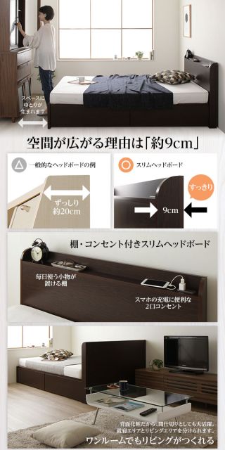 組立設置サービス 頑丈 引き出し収納付き ベッド セミシングル スリムヘッドボード 薄型宮付き 国産ポケットコイルマットレス 背面化粧 低ホルムアルデヒドF☆☆☆☆ 長尺物可 大容量 2口コンセント 収納ボックス2杯 日本製 ダークブラウン代引NG
