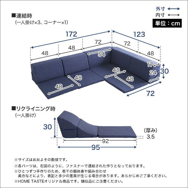 コーナー ローソファー 単品 コーナー付き ネイビー 1人掛け：幅約49cm コーナー：約幅74cm 日本製 国産 フロアソファー コーナーソファー リビング家具代引NG