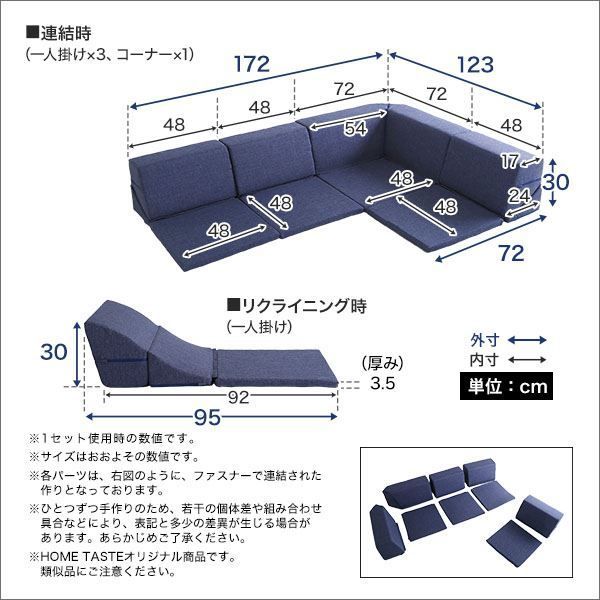 コーナー ローソファー 2セット コーナー付き ネイビー 1人掛け：幅約49cm コーナー：約幅74cm 日本製 国産 フロアソファー コーナーソファー リビング家具代引NG