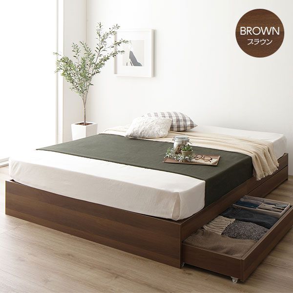 スーパSALE10倍＆4時間限定10％OFF ナチュラルテイスト 収納ベッド セミダブルサイズ ボンネルコイルマットレス付き 引出し2杯付き 木目調 ヘッド無し 耐荷重200kg 頑丈 ブラウン