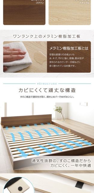 すのこベッド ローベッド 省スペース フラットヘッドボード ナチュラル セミダブル セミダブルベッド ボンネルコイルマットレス付き 木製ベッド 低床 一枚板