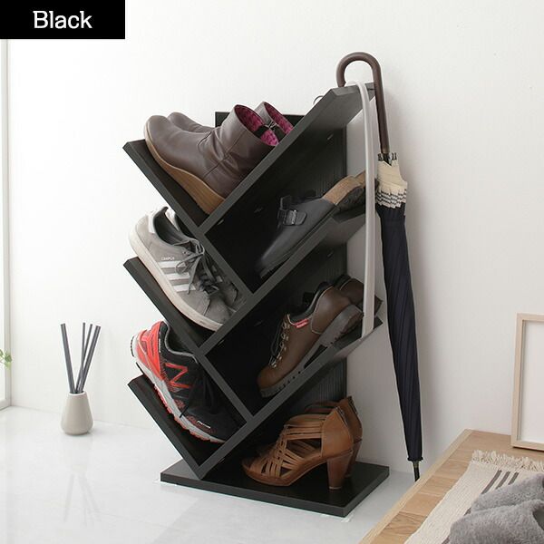 スーパSALE10倍＆4時間限定10％OFF シンプルモダン シューズラック/下駄箱 【ブラック】 幅48cm 6足収納可 長靴・ロングブーツ対応 メラミン樹脂加工板使用 木目調 スリム 省スペース 傘立て付き