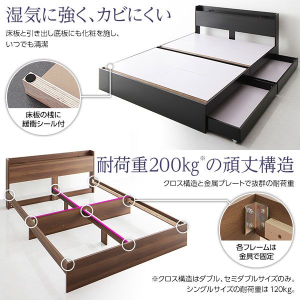 スーパSALE10倍＆4時間限定10％OFF ベッド 収納付き シングル ブラウン ベッドフレーム ポケットコイルマットレス付き ハイクオリティモダン 木製ベッド 引き出し付き 宮付き コンセント付き