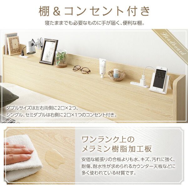 スーパSALE10倍＆4時間限定10％OFF ベッド 収納付き セミダブル ホワイト ベッドフレーム ポケットコイルマットレス付き ハイクオリティモダン 木製ベッド 引き出し付き 宮付き コンセント付き