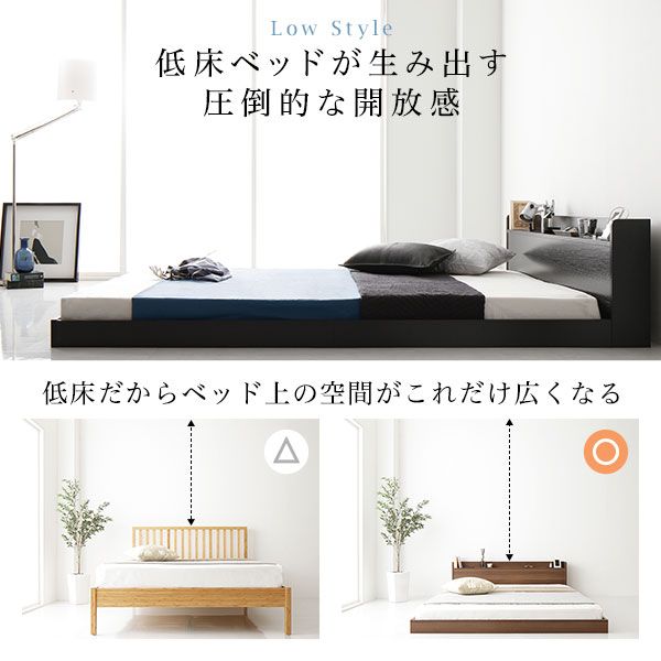 スーパSALE10倍＆4時間限定10％OFF ヘッドボード付き ローベッド すのこベッド ダブルサイズ (ボンネルコイルマットレス付き) 宮棚付き 2口コンセント付き 木目調 メラミン樹脂加工板使用 頑丈 ブラック