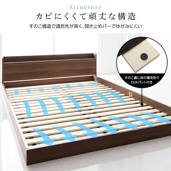 スーパSALE10倍＆4時間限定10％OFF ヘッドボード付き ローベッド すのこベッド ダブルサイズ (ベッドフレームのみ) 宮棚付き 2口コンセント付き 木目調 メラミン樹脂加工板使用 頑丈 ブラウン