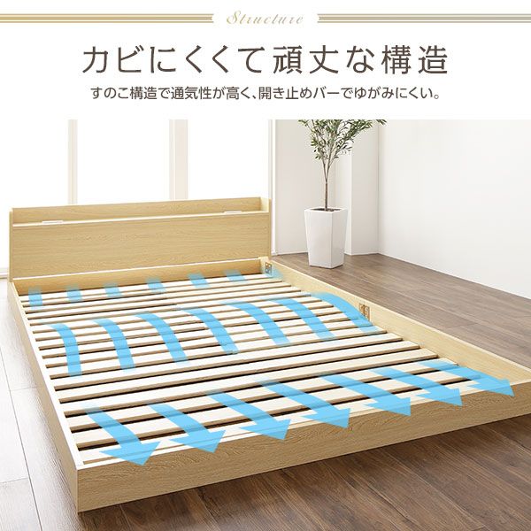 スーパSALE10倍＆4時間限定10％OFF ヘッドボード付き ローベッド すのこベッド セミダブルサイズ (ボンネルコイルマットレス付き) 宮棚付き 2口コンセント付き 木目調 メラミン樹脂加工板使用 頑丈 ホワイト