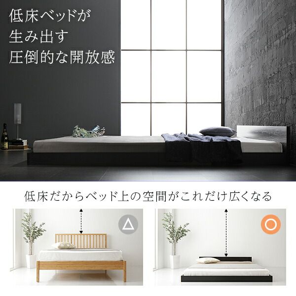 フラットヘッドボード ローベッド フロアベッド セミダブルサイズ (ボンネルコイルマットレス付き) スノコ構造 1枚板 頑丈 木目調 スタイリッシュ ブラック