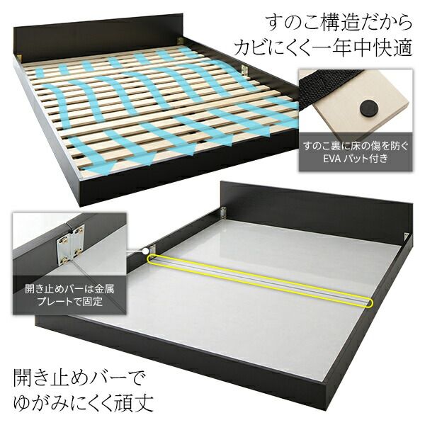 フラットヘッドボード ローベッド フロアベッド セミダブルサイズ (ボンネルコイルマットレス付き) スノコ構造 1枚板 頑丈 木目調 スタイリッシュ ホワイト