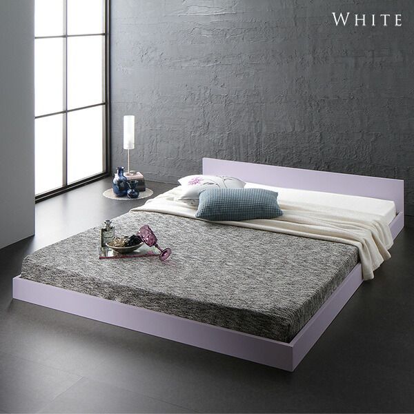 フラットヘッドボード ローベッド フロアベッド セミダブルサイズ (ポケットコイルマットレス付き) スノコ構造 1枚板 頑丈 木目調 スタイリッシュ ホワイト