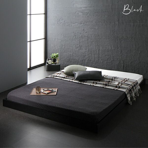 スーパSALE10倍＆4時間限定10％OFF ヘッドボード無し ローベッド フロアベッド ダブルサイズ (ボンネルコイルマットレス付き) スノコ構造 頑丈 木目調 スタイリッシュ ブラック