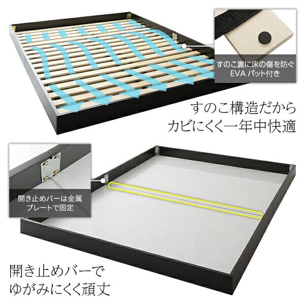 ヘッドボード無し ローベッド フロアベッド セミダブルサイズ (ポケットコイルマットレス付き) スノコ構造 頑丈 木目調 スタイリッシュ ホワイト