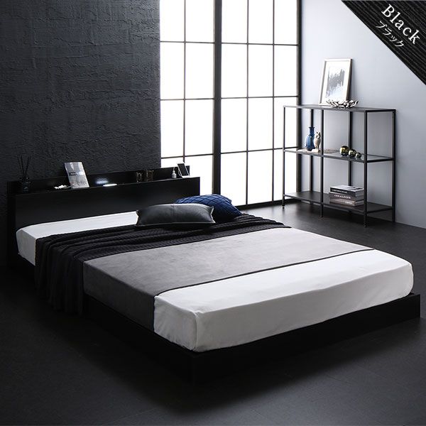 スーパSALE10倍＆4時間限定10％OFF 宮棚付き ローベッド フロアベッド ダブルサイズ (ボンネルコイルマットレス付き) スノコ構造 LEDライト付き 2口コンセント付き 木目調 頑丈 スタイリッシュ ブラック