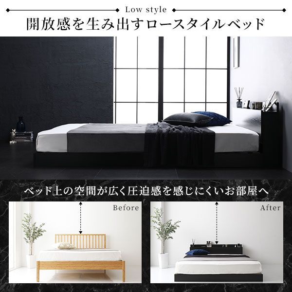 宮棚付き ローベッド フロアベッド シングルサイズ (ボンネルコイルマットレス付き) スノコ構造 LEDライト付き 2口コンセント付き 木目調 頑丈 スタイリッシュ ホワイト