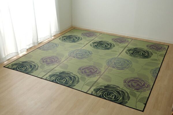 い草 花ござ ラグマット/絨毯 ブルー 江戸間3畳 約174×261cm 抗菌 防臭 消臭 調湿 日本製 〔リビング ダイニング〕代引NG