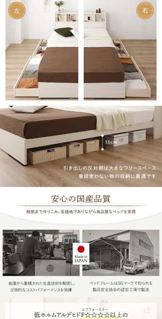 ヘッドボード付き 2段棚 収納ベッド ダブルサイズ 日本製ボンネルコイルマットレス付き 引出し2杯付き ライト付 宮棚付き コンセント付き 木目調 国産フレーム 低ホルムアルデヒド ホワイト代引NG