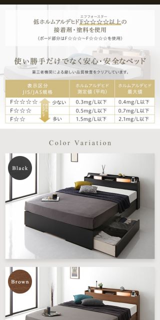 2段棚 ヘッドボード付き 収納ベッド セミダブルサイズ 日本製ポケットコイルマットレス付き 引出し2杯付き ライト付き 宮棚付き コンセント付き 国産フレーム 低ホルムアルデヒド 木目 ブラック代引NG