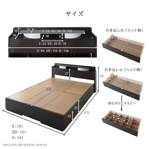 2段棚 ヘッドボード付き 収納ベッド ダブルサイズ 日本製ボンネルコイルマットレス付き 引出し2杯付き ライト付き 宮棚付き コンセント付き 国産フレーム 低ホルムアルデヒド 木目 ブラック代引NG