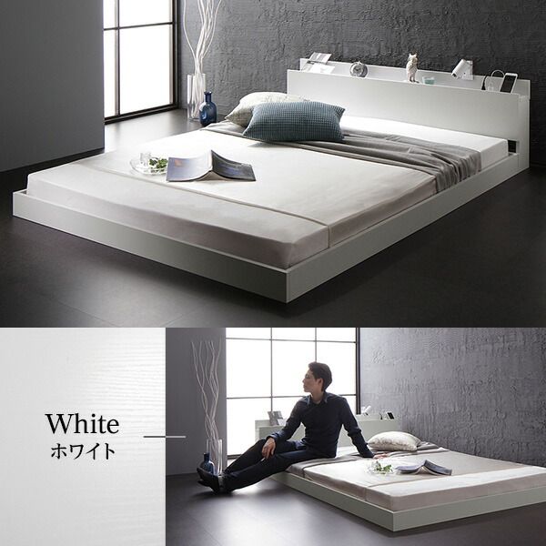 スーパSALE10倍＆4時間限定10％OFF スタイリッシュ ローベッド すのこベッド セミダブルサイズ ボンネルコイルマットレス付き 宮棚付き 2口コンセント付き 木目調 通気性抜群 メラミン樹脂加工板 頑丈 ホワイト