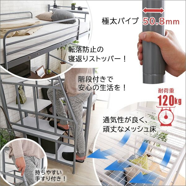ロフトベッド シングル ベッドフレームのみ ホワイト 階段付 宮付 2口 コンセント付 収納スペース付 棚付 宮棚付 高さ調整可 ハイタイプ ミドルタイプ スチールパイプ パイプロフトベッド シングルベッド パイプベッド ロフトベット代引NG