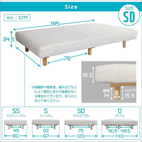 脚付き マットレス ベッド セミダブル 幅約125cm ボンネルコイル ホワイト 木製脚付き ロールマットレス 組立簡単 マットレスベッド 脚付きマットレス セミダブルベッド 寝具代引NG