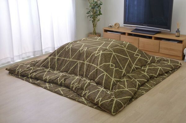シンプル こたつ布団/寝具 幾何柄 掛け敷きセット ブラウン 約190cm×190cm 正方形 洗える 〔リビング ダイニング〕代引NG