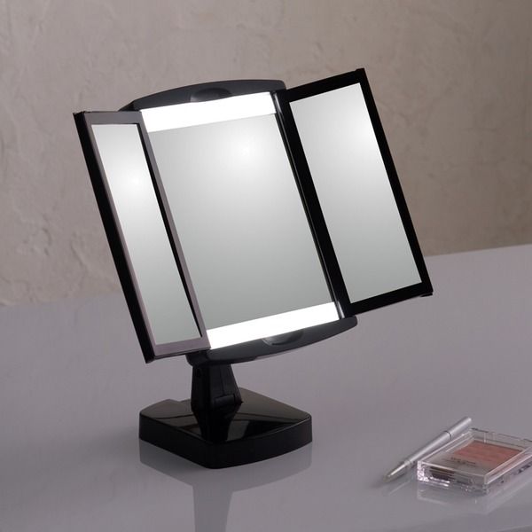 スーパSALE10倍＆4時間限定10％OFF キレイミラー(ブラック/黒) LED/ライト付/三面鏡/2WAY/拡大鏡/卓上ミラー/手鏡/メイク/化粧/スタンド/折りたたみ/回転式/光る/完成品/NK-2710