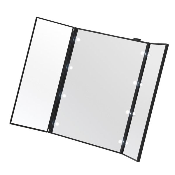 スーパSALE10倍＆4時間限定10％OFF ビューティーミラー(ブラック/黒) LED/ライト付/三面鏡/スリム/卓上ミラー/メイク/化粧/電池式/折りたたみ/光る/手鏡/コンパクト/完成品/NK-2720