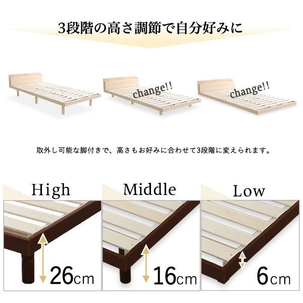 すのこベッド ローベッド シングル ベッドフレームのみ ナチュラル 木製 パイン材 宮付き 棚付き 宮棚付き 3段階 高さ調整可 2口 コンセント付き 低ホルムアルデヒド 高通気性 フロアベッド すのこベット シングルベッド代引不可
