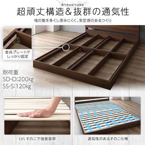 スーパSALE10倍＆4時間限定10％OFF ベッド 低床 ロータイプ すのこ 木製 LED照明付き 棚付き 宮付き コンセント付き シンプル モダン ブラウン ダブル ボンネルコイルマットレス付き
