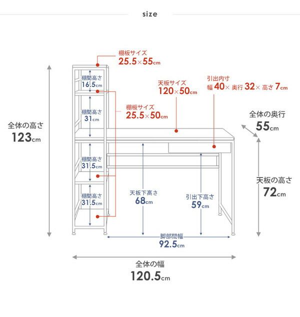 収納ラック付きパソコンデスク/ワークデスク オークナチュラル 幅120.5cm 引出し付き 組立品代引NG