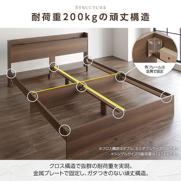 スーパSALE10倍＆4時間限定10％OFF ダブルベッド 収納付き 引き出し付き 木製 棚付き 宮付き コンセント付き ブラウン ベッドフレームのみ