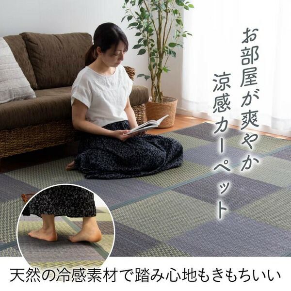い草 ラグマット/花ござ 団地間6畳 約255×340cm 格子柄 市松柄 グレー 裏：不織布 抗菌 防臭 湿度調節 〔リビング〕代引NG