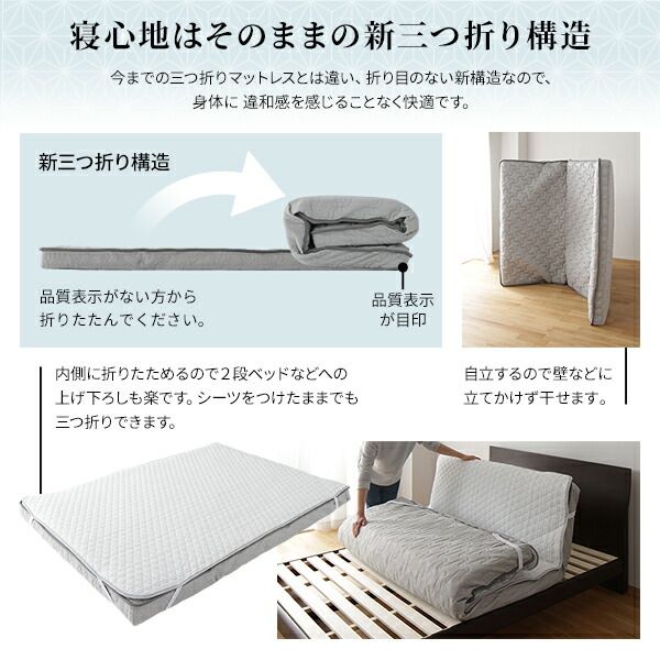 スーパSALE10倍＆4時間限定10％OFF マットレス 国産 ポケットコイル 薄型 三つ折り 竹炭 抗菌 防臭 快眠 体圧分散 1年保証 コンパクト 圧縮 梱包 グレイ セミダブル サイズ