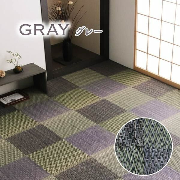 い草 ラグマット/花ござ 本間8畳 約382×382cm 格子柄 市松柄 グレー 抗菌 防臭 消臭 吸湿 湿度調整効果 〔リビング〕代引NG