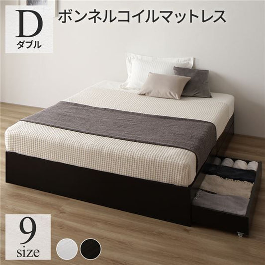 スーパSALE10倍＆4時間限定10％OFF ベッド ダブル ボンネルコイルマットレス付き ブラック 収納付き 引き出し付き キャスター付き 木製 ヘッドレス シンプル モダン