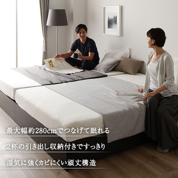 スーパSALE10倍＆4時間限定10％OFF ベッド ワイドキング220（S+SD）ボンネルコイルマットレス付き ホワイト 2台セット 収納付き 引き出し付き キャスター付き 木製 ヘッドレス シンプル モダン