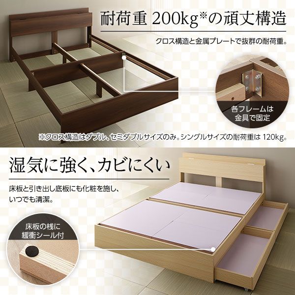 スーパSALE10倍＆4時間限定10％OFF ベッド 収納付き 引き出し付き 木製 棚付き 宮付き コンセント付き シンプル 和 モダン ブラウン セミダブル ボンネルコイルマットレス付き