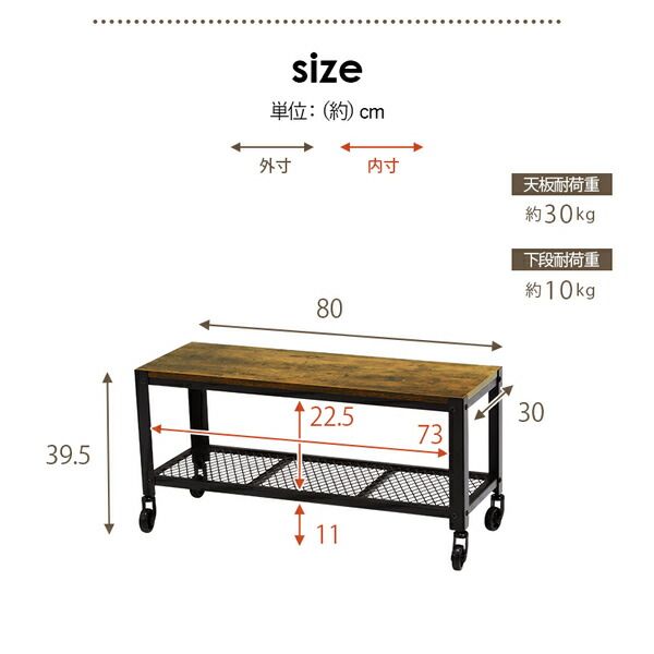 ビンテージ風 ローボード/テレビ台 幅110×奥行30×高さ39.5cm スチールフレーム キャスター付き 棚付き 組立品代引NG