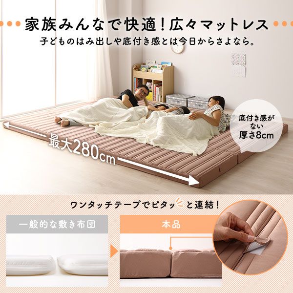 国産 ファミリータイプ マットレス 幅280cm ダブル×2枚 5人用 厚さ8cm 日本製 連結 抗菌 防臭 防ダニ 折りたたみ 敷き布団  ファミリー ファミリーサイズ ワイドキング 大きい 大きいサイズ 子供 家族 5人 コンパクト 収納 3つ折り 三つ折り代引NG