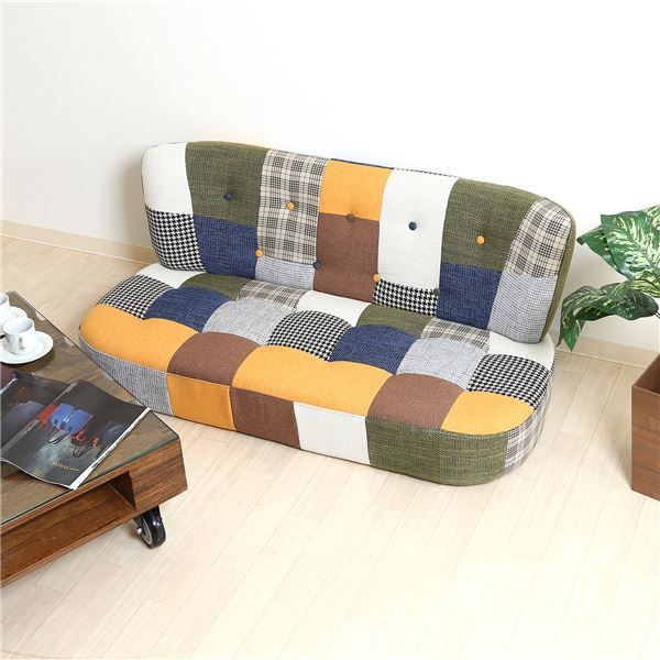 ソファー 2P 幅123×奥行67×高さ68cm パッチワーク ブルーイエロー 木製 脚付き 組立品 リビング ダイニング代引NG