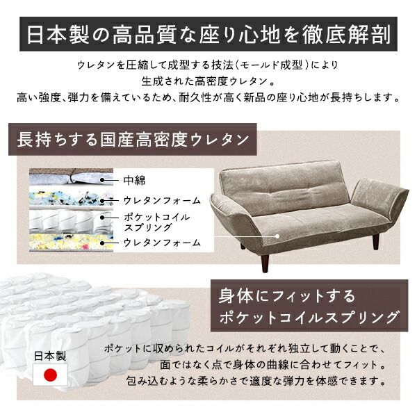 日本製 リクライニングソファー/カウチソファー 2人掛け オットマン付き コールテン生地 グリーン 脚部：ブラウン 幅131cm国産 ソファ ソファー おしゃれ ポケットコイル ローソファ 北欧 リビング ひとり暮らし 代引NG