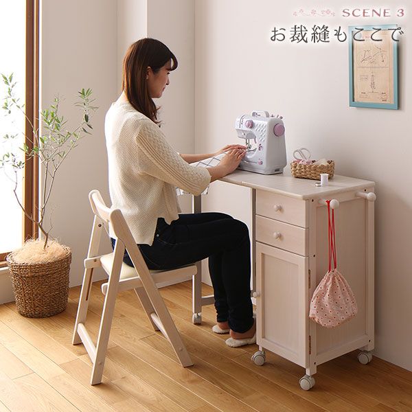 折りたたみ パソコンデスク／学習机 ホワイトウォッシュ 幅88cm 木製 サイドチェスト付き キャスター コンパクト 完成品代引NG