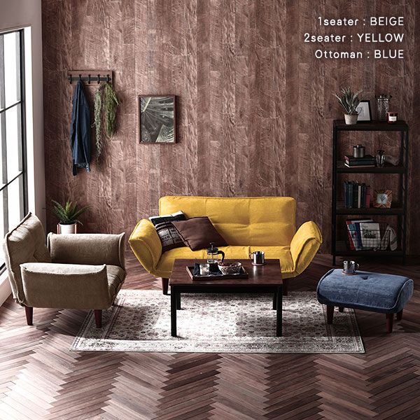 日本製 リクライニングソファー/カウチソファー 1人掛け オットマン付き コールテン生地 イエロー 脚部：ナチュラル 幅88cm 国産 ソファ ソファー おしゃれ ポケットコイル ローソファ 北欧 リビング ひとり暮らし 代引NG