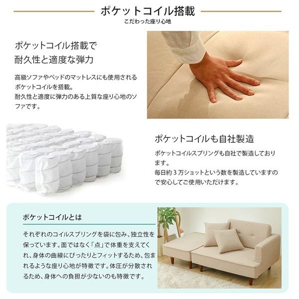 日本製 カウチソファー オットマン＋同柄クッション2個付/ブラウン脚・コールテン生地・ネイビー 幅93.5cm 樹脂脚付 コンパクト ソファ ソファー 国産 2人掛け 3人掛け ポケットコイル ソファーベッド 北欧 リビング ひとり暮らし l字代引NG