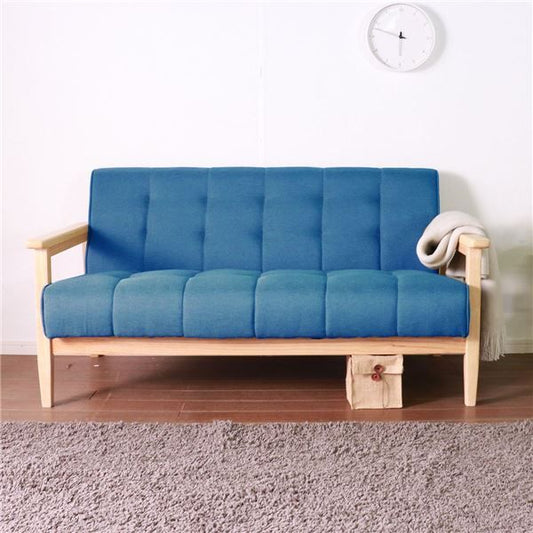 レトロ ソファー 2人掛け ブルー 135×73×70(40)cm 木製 肘付き 脚付き 組立品 〔リビング ダイニング〕