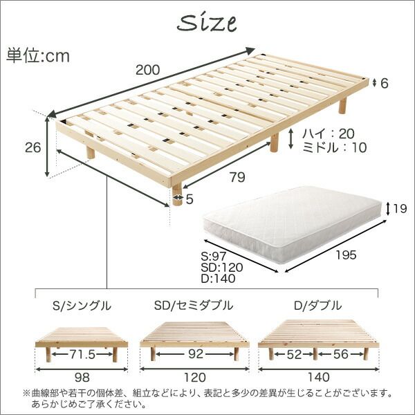 すのこ ベッド シングル 幅約98cm ポケットコイルロールマットレス付き ナチュラル 木製 天然木 パイン材 高さ3段調節 すのこベット シングルベッド ベッドルーム 組立品代引不可