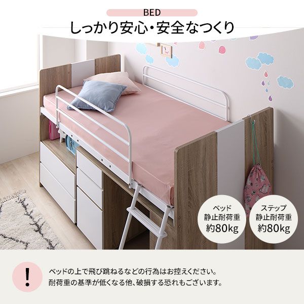 システムベッド ロフトベッド 3点セット ナチュラル ロータイプ シングル ベッド デスク 学習机 収納棚 ワゴン レイアウト自由 省スペース 木製 子供部屋 家具代引NG