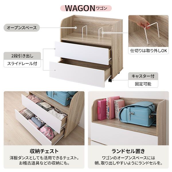 システムベッド ロフトベッド 3点セット ナチュラル ロータイプ シングル ベッド デスク 学習机 収納棚 ワゴン レイアウト自由 省スペース 木製 子供部屋 家具代引NG
