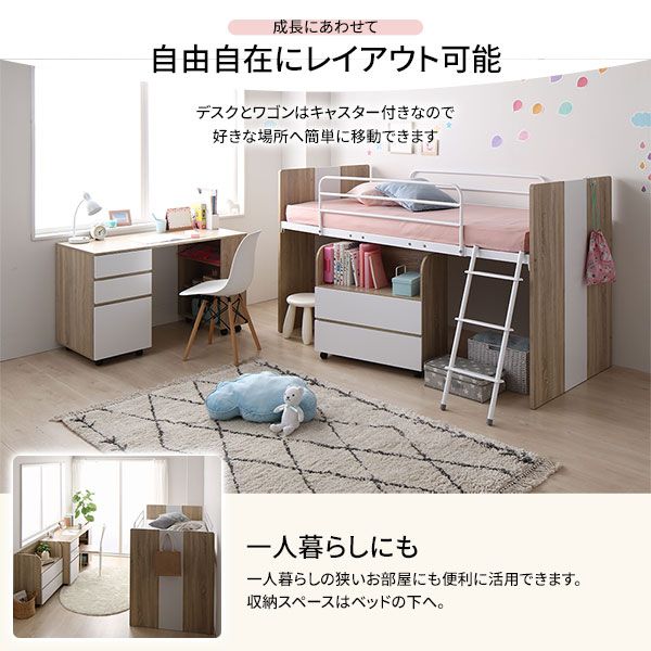 システムベッド ロフトベッド 3点セット グレー ロータイプ シングル ベッド デスク 学習机 収納棚 ワゴン レイアウト自由 省スペース 木製 子供部屋 家具代引NG